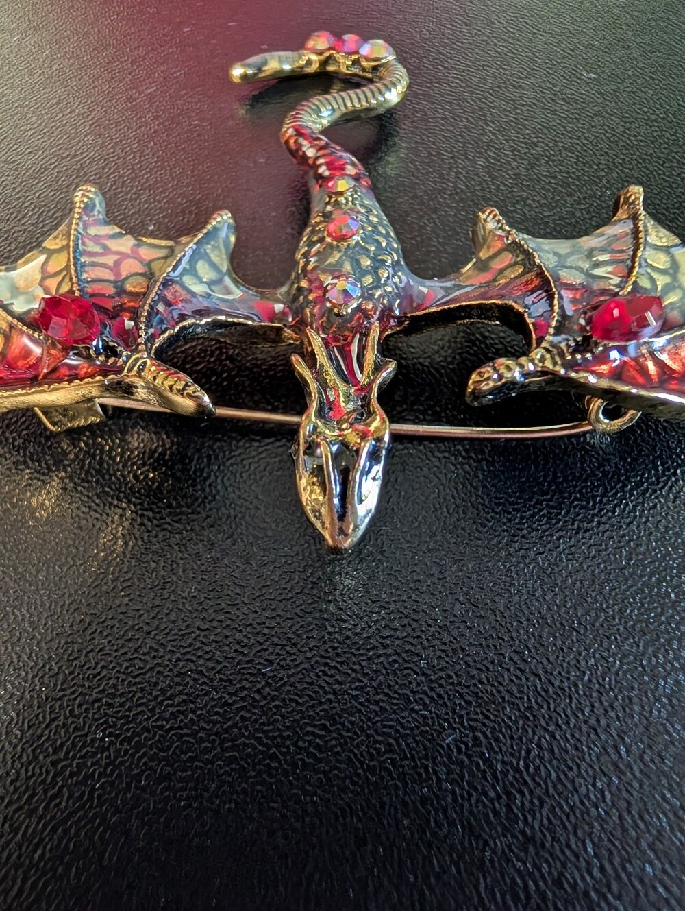 Red Dragon Enamel Brooch with Red Crystal Accents - Picture 2 of 8